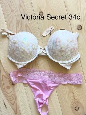 Victoria's Secret White Sequin Push-Up Bra with Pink Lace Thong
